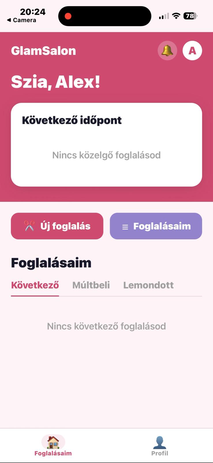 Kliens kezdőképernyő és foglalások