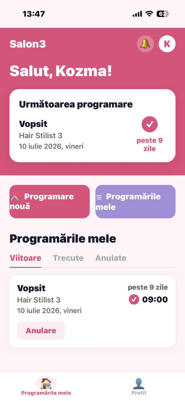 Ecran principal programări